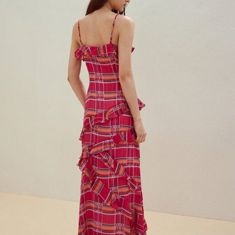 Red Boho Women's Plaid Ruffle Trim Cami Dress - Picture 2 of 7